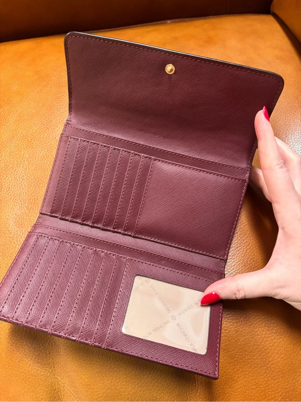 Michael Kors Wine Saffiano Leather Flap Wallet with Gold Logo